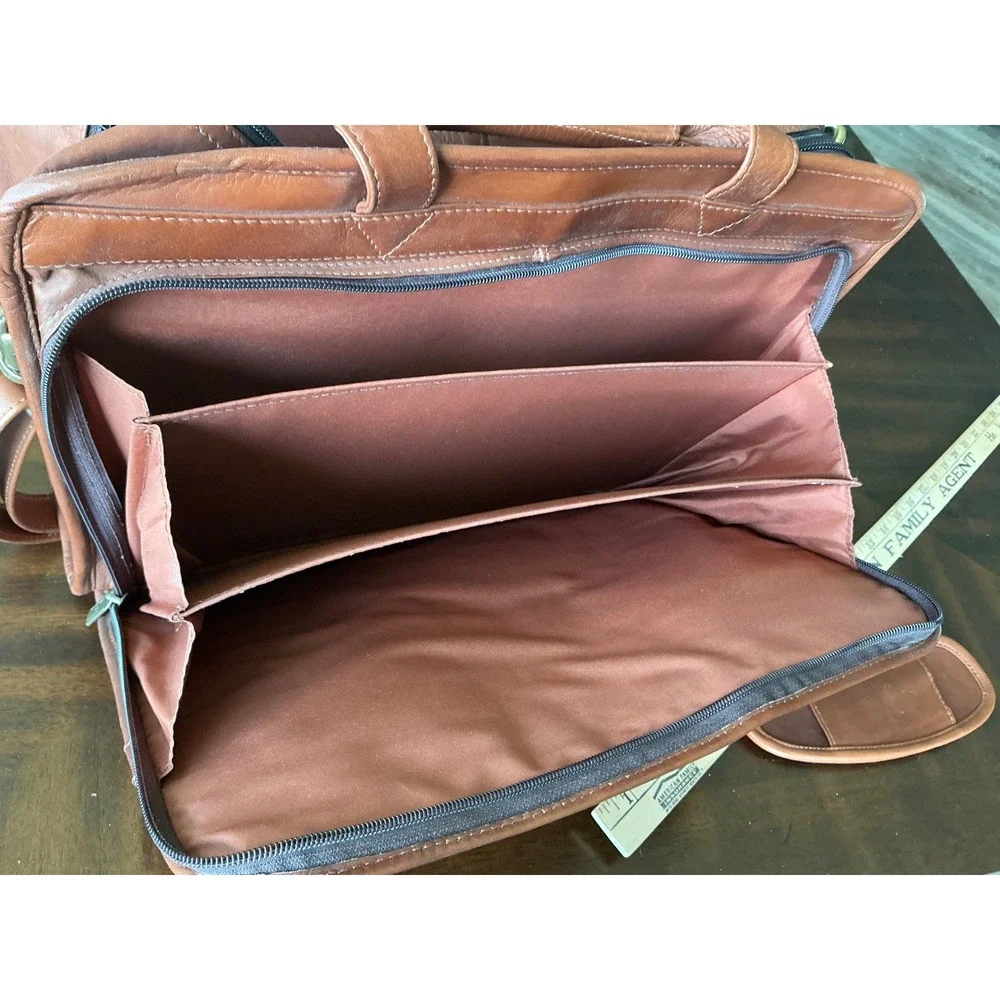 USL Vintage Leather Briefcase Messenger Bag Cognac Brown Multi Pocket Laptop Bag